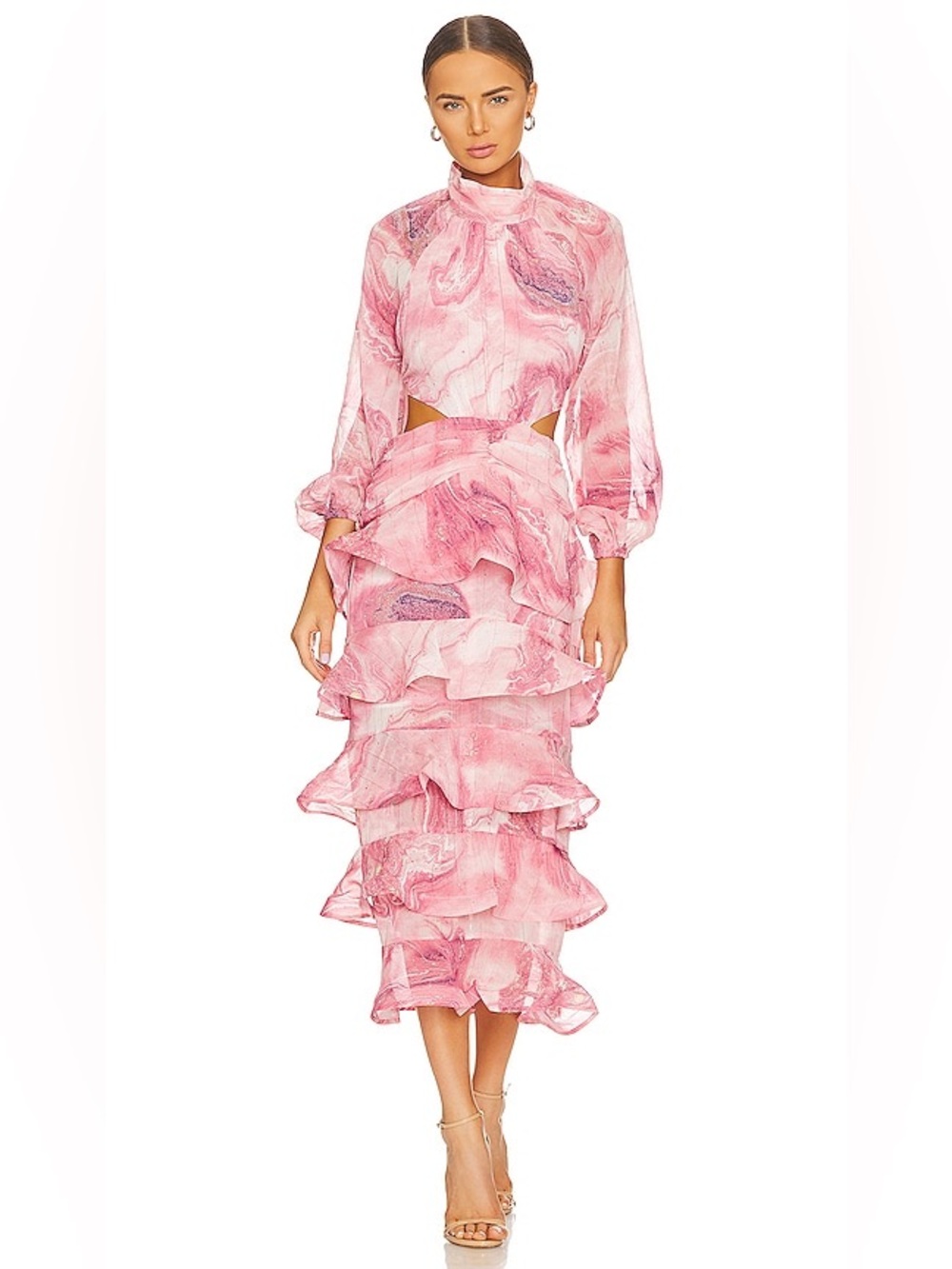 ELLIATT Memories Tiered Ruffle Cutout Maxi Dress Pink Marble Print NWT XXS